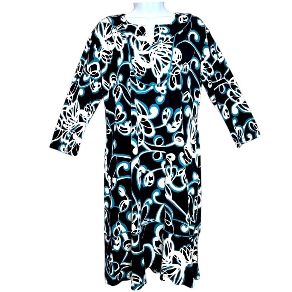 Chicos Black Abstract Swirl Dress Sz 2 (12/L) Artsy Mod Retro Travel Resort